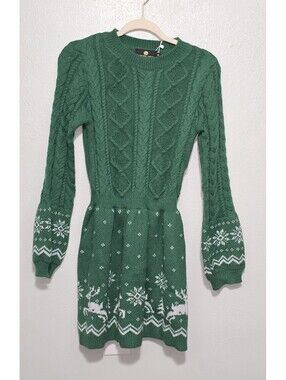 Dancing Yarns Holiday Sweater Dress Womens M Green White Fair Isle Reindeer NWT
